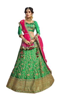 Green Embroidered Satin Semi Stitched Lehenga 1
