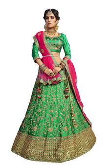 Green Embroidered Satin Semi Stitched Lehenga