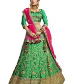 Green Embroidered Satin Semi Stitched Lehenga