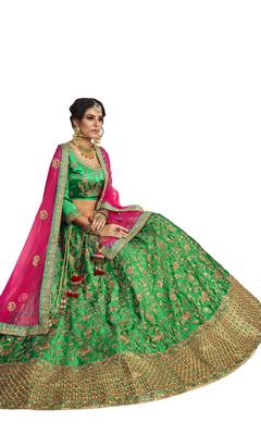 Green Embroidered Satin Semi Stitched Lehenga 2