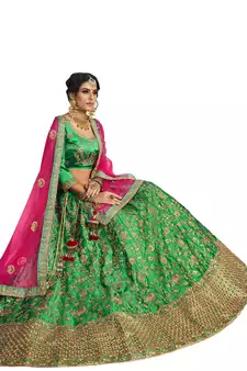 Green Embroidered Satin Semi Stitched Lehenga