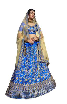 Blue Embroidered Satin Semi Stitched Lehenga 1