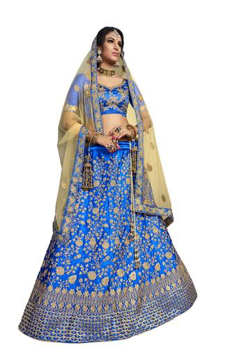 Blue Embroidered Satin Semi Stitched Lehenga