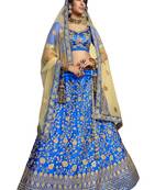 Blue Embroidered Satin Semi Stitched Lehenga