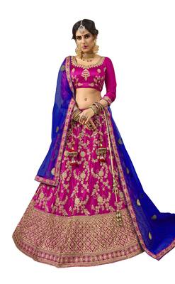 Purple Embroidered Satin Semi Stitched Lehenga 1