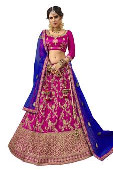 Purple Embroidered Satin Semi Stitched Lehenga