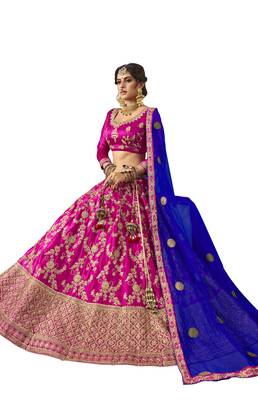 Purple Embroidered Satin Semi Stitched Lehenga 2