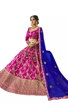 Purple Embroidered Satin Semi Stitched Lehenga