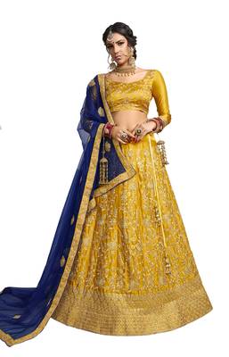 Yellow Embroidered Satin Semi Stitched Lehenga 1