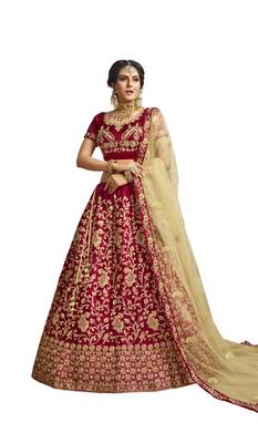 Maroon Embroidered Satin Semi Stitched Lehenga 1