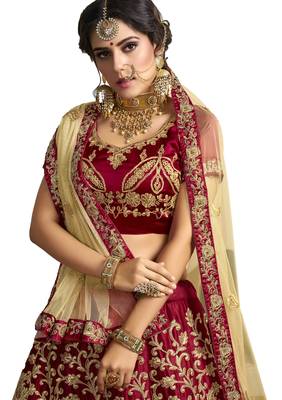 Maroon Embroidered Satin Semi Stitched Lehenga 2