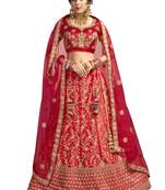 Red Embroidered Satin Semi Stitched Lehenga