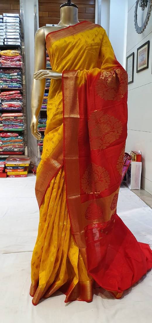 Yellow Embroidered Faux Raw Silk Saree With Blouse