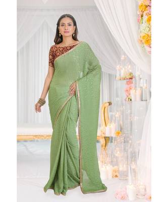 green embroidered jacquard saree with blouse 1