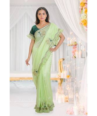 green embroidered crepe saree with blouse 1