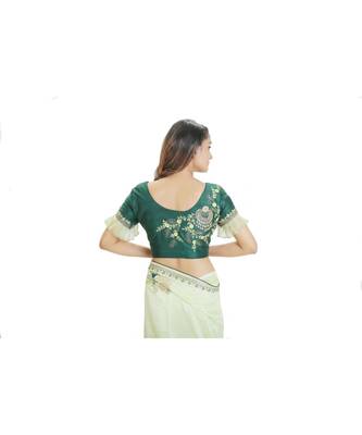 green embroidered crepe saree with blouse 3