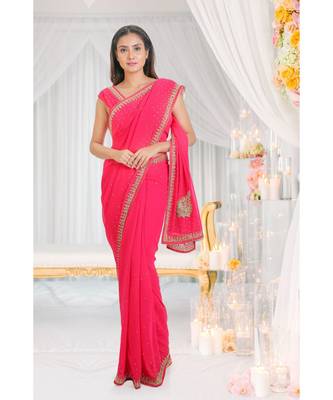 pink embroidered georgette saree with blouse 1