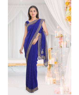 blue embroidered georgette saree with blouse 1
