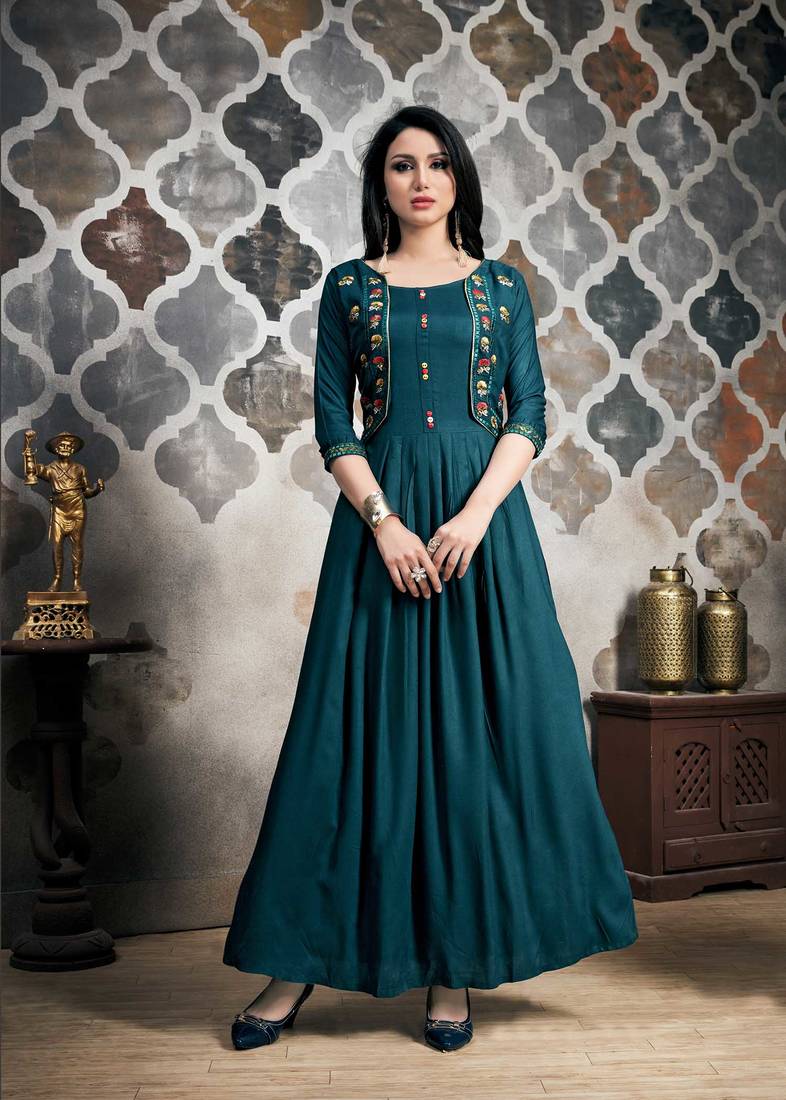 Women's Teal Blue Khadi Slub Wonderful Designer Kurtis - PRFASHION - 2963246