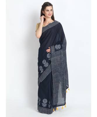 blue printed cotton saree with blouse 1