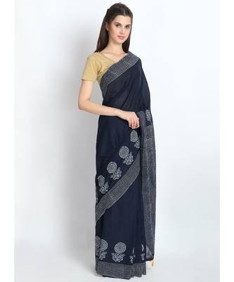 blue printed cotton saree with blouse 2