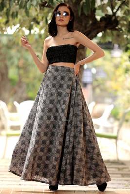 Charcol Damask Digital Printed Flaired Long Skirt 1