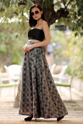 Charcol Damask Digital Printed Flaired Long Skirt 2