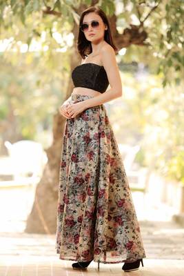 Vintage Rose Digital Printed Flaired Long Skirt 2