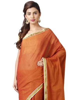 Orange woven cotton saree with blouse 3