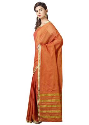 Orange woven cotton saree with blouse 5