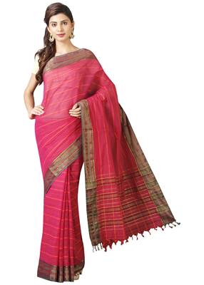 Pink woven cotton saree with blouse 1