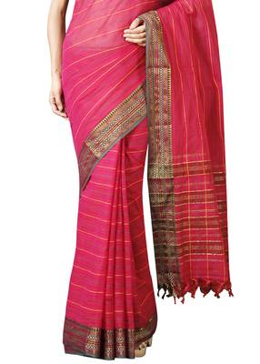 Pink woven cotton saree with blouse 4