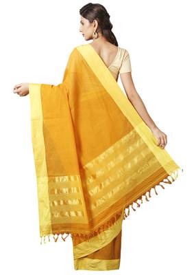 Yellow woven cotton saree with blouse 2