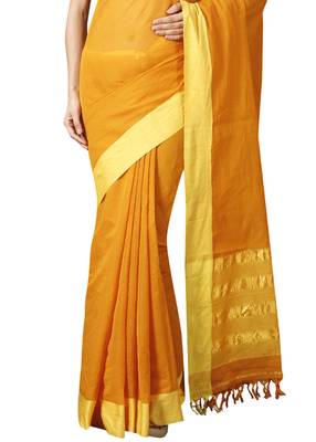 Yellow woven cotton saree with blouse 4