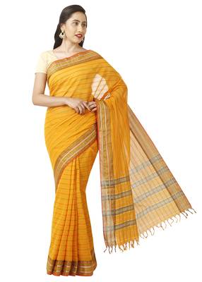 Yellow woven cotton saree with blouse 1