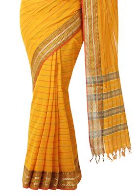 Yellow woven cotton saree with blouse 4