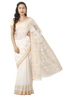 White printed cotton saree with blouse 1