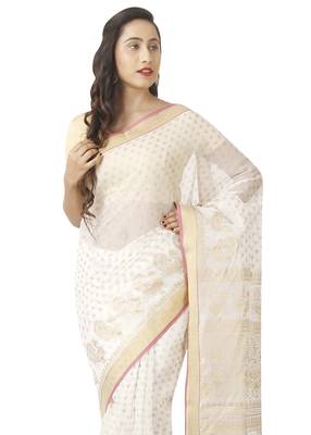 White printed cotton saree with blouse 3