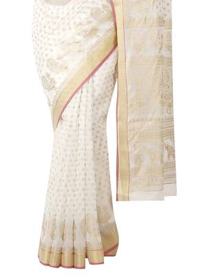White printed cotton saree with blouse 4