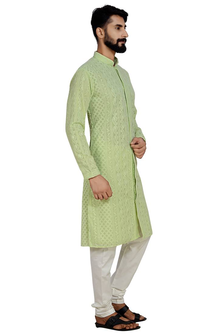 Green Stylish And  Fancy Lucknowi Embroidery Kurta Pyjama