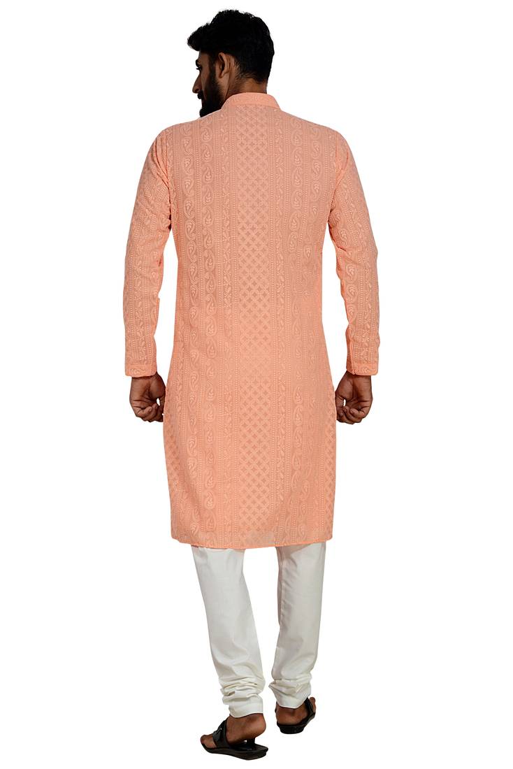 Peach Stylish And  Fancy Lucknowi Embroidery Kurta Pyjama