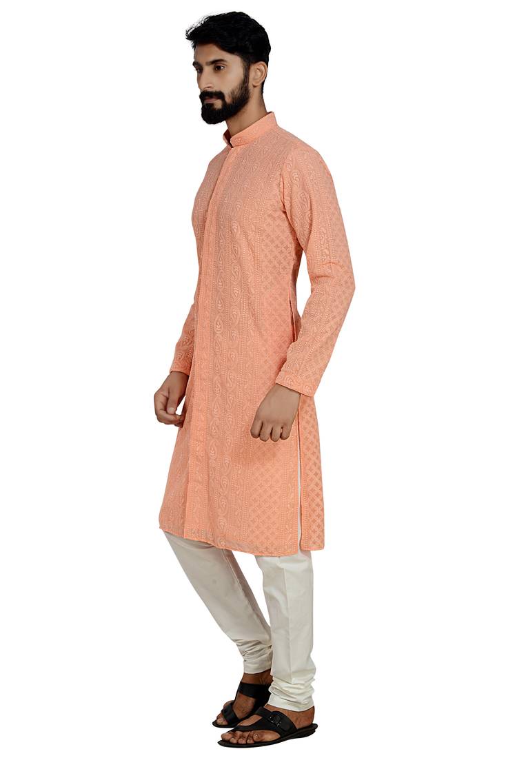 Peach Stylish And  Fancy Lucknowi Embroidery Kurta Pyjama