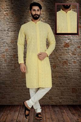 Yellow Stylish And  Fancy Lucknowi Embroidery Kurta Pyjama 1