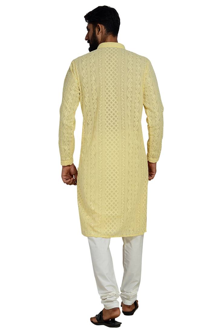 Yellow Stylish And  Fancy Lucknowi Embroidery Kurta Pyjama