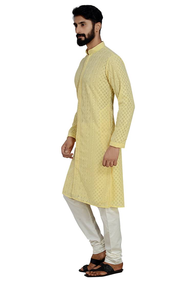 Yellow Stylish And  Fancy Lucknowi Embroidery Kurta Pyjama