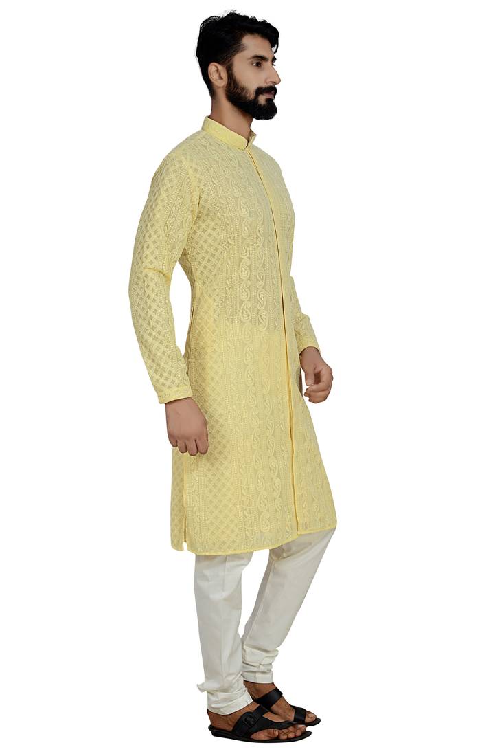 Yellow Stylish And  Fancy Lucknowi Embroidery Kurta Pyjama