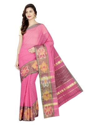 Pink woven cotton saree with blouse 1