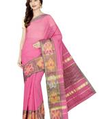 Pink woven cotton saree with blouse