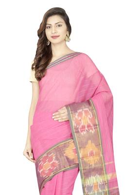 Pink woven cotton saree with blouse 3
