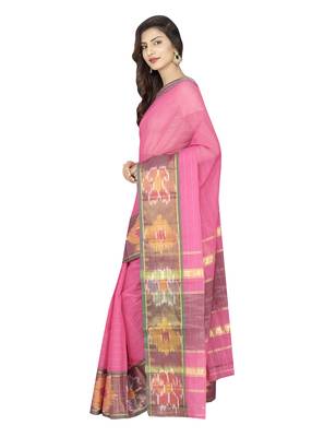 Pink woven cotton saree with blouse 5